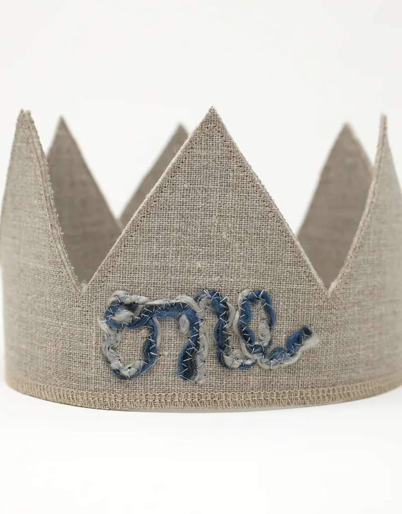 oh baby! First Birthday Linen Crown w/Multi Blue Yarn Oatmeal