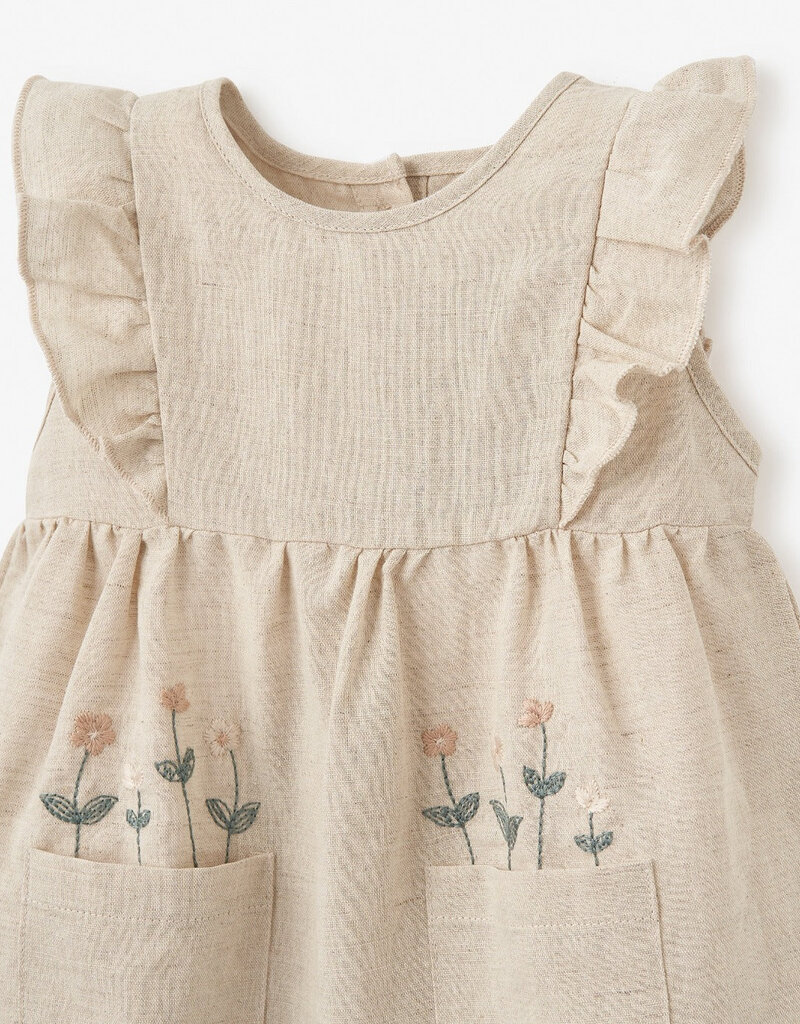 Elegant Baby Natural Linen Jumpsuit w/Floral Embroidered Pockets