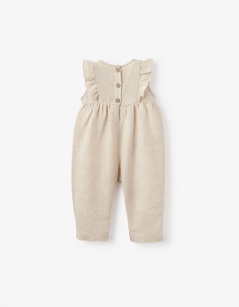Elegant Baby Natural Linen Jumpsuit w/Floral Embroidered Pockets