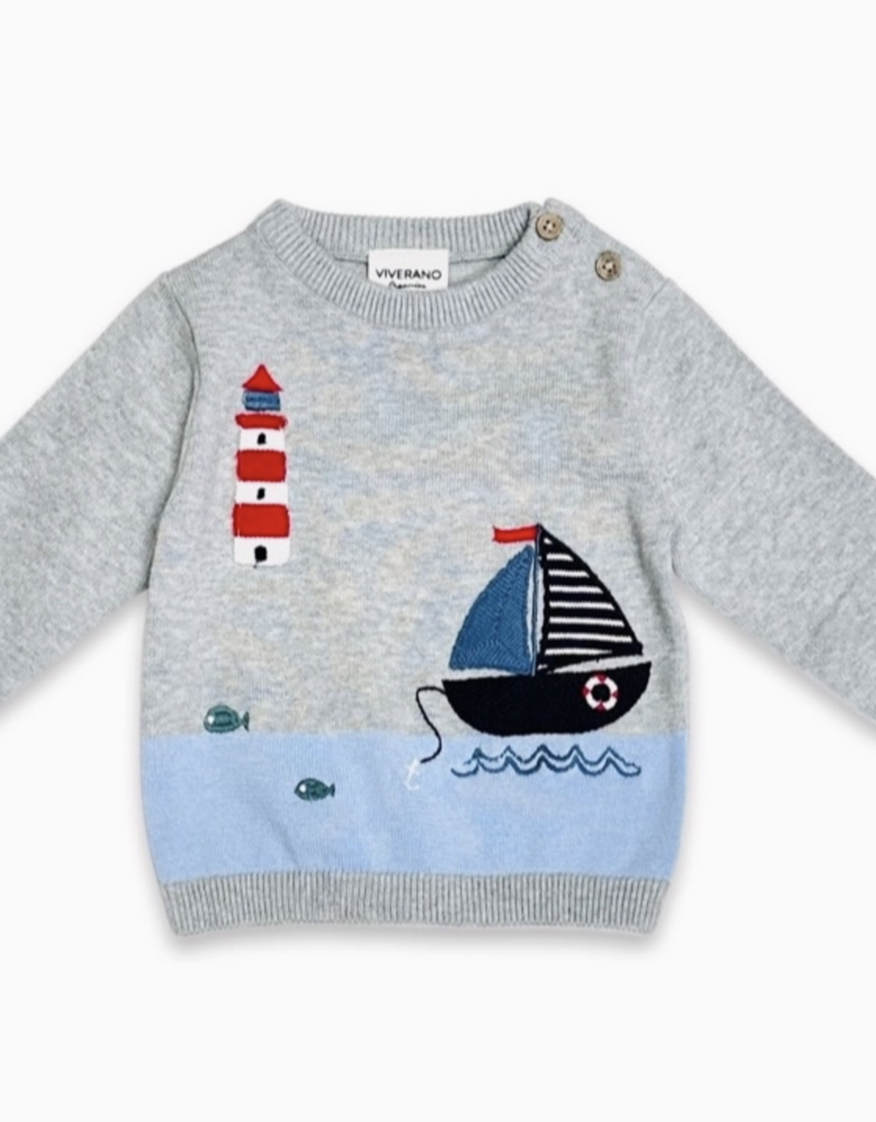 Viverano Lighthouse Boat Embroidered Knit Pullover