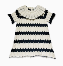 Viverano Ruffle Collar Stripe Fancy Knit Sweater Dress Navy