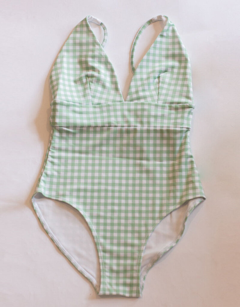 Womens One Piece Bather Green Gingham