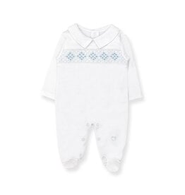 Tecomoabesos SALE Hand Smocked Pima Playsuit White Blue
