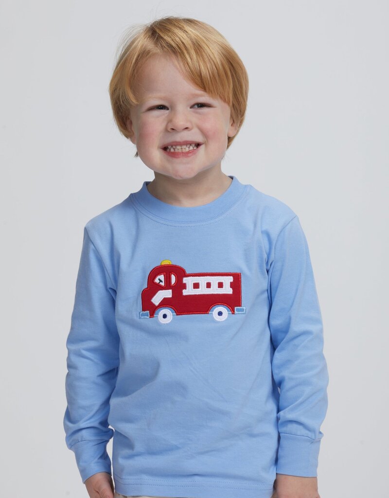 Little English Applique T-Shirt Fire Truck Lt Blue