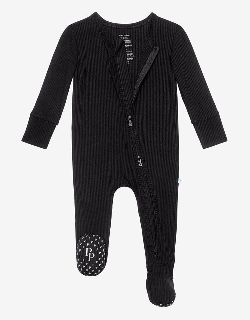 Posh Peanut Solid Ribbed Black Zippered Footie