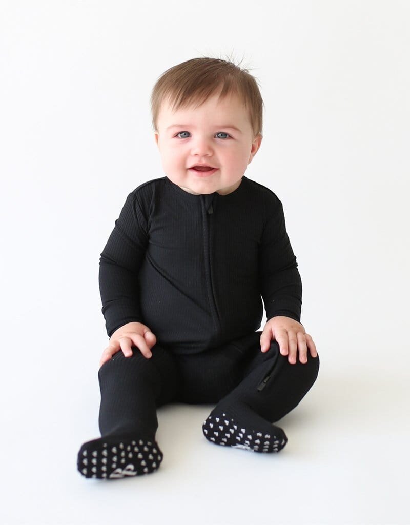 Posh Peanut Solid Ribbed Black Zippered Footie