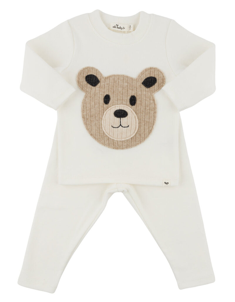 oh baby! Cream Teddy Bear Face Applique L/S 2pc Set