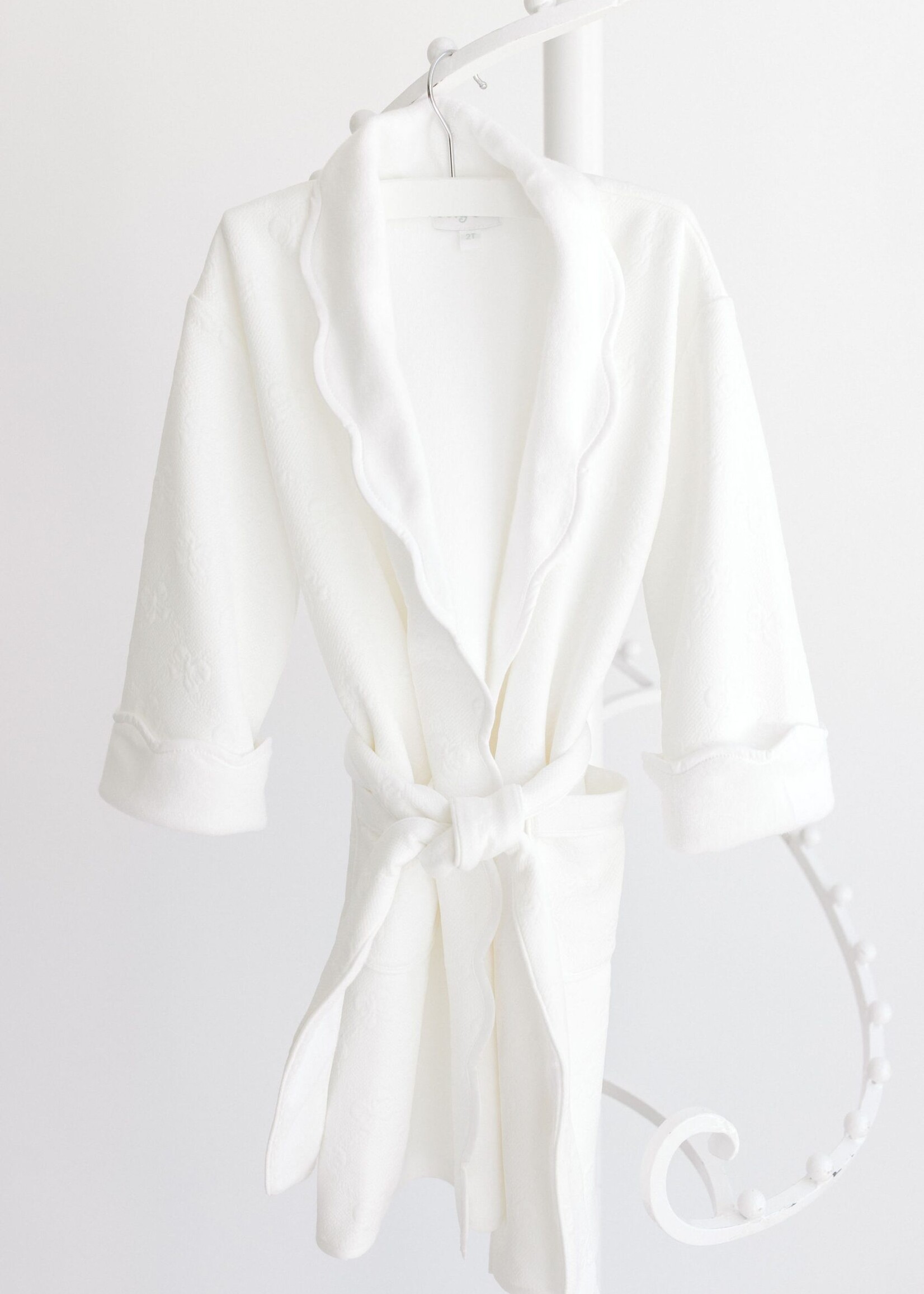 Terry Tots Bathrobe White Jacquard Bows w/Scallop Edge
