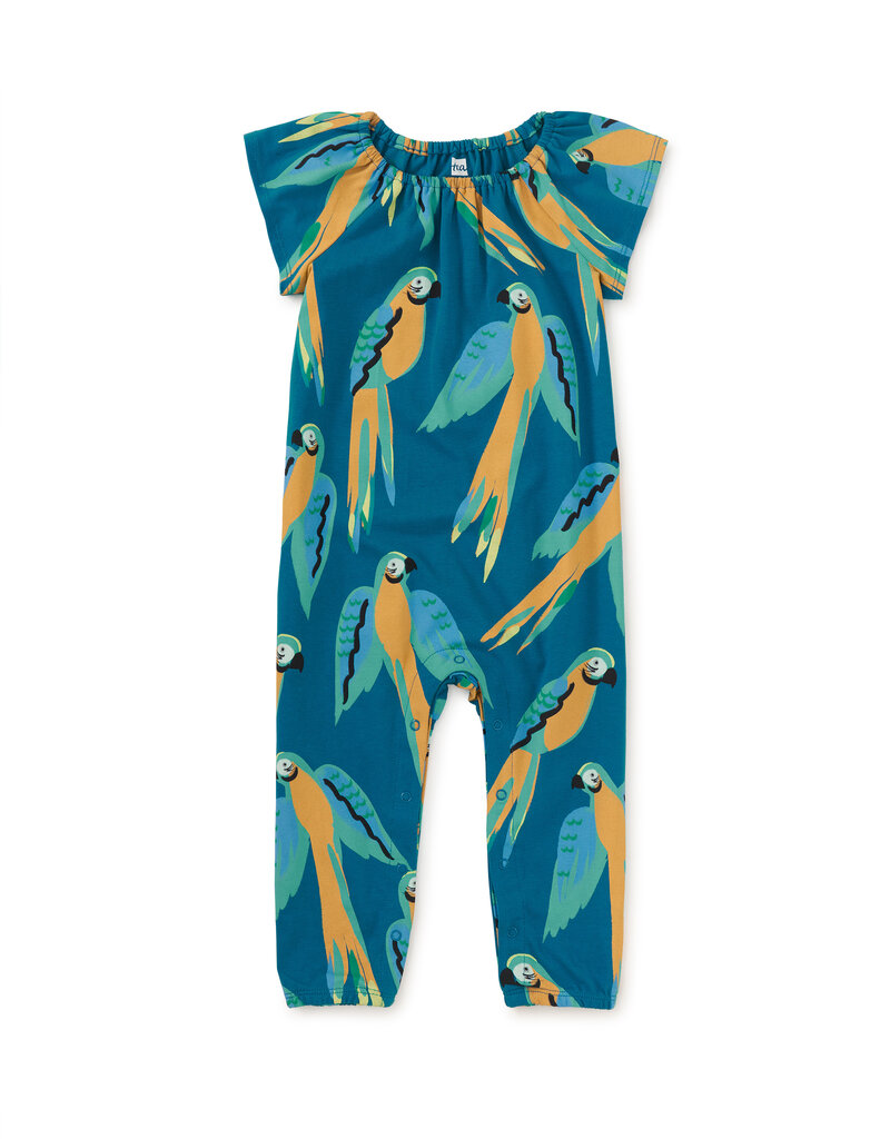 Tea Collection Flutter Sleeve Baby Romper Blue Yellow Macaws