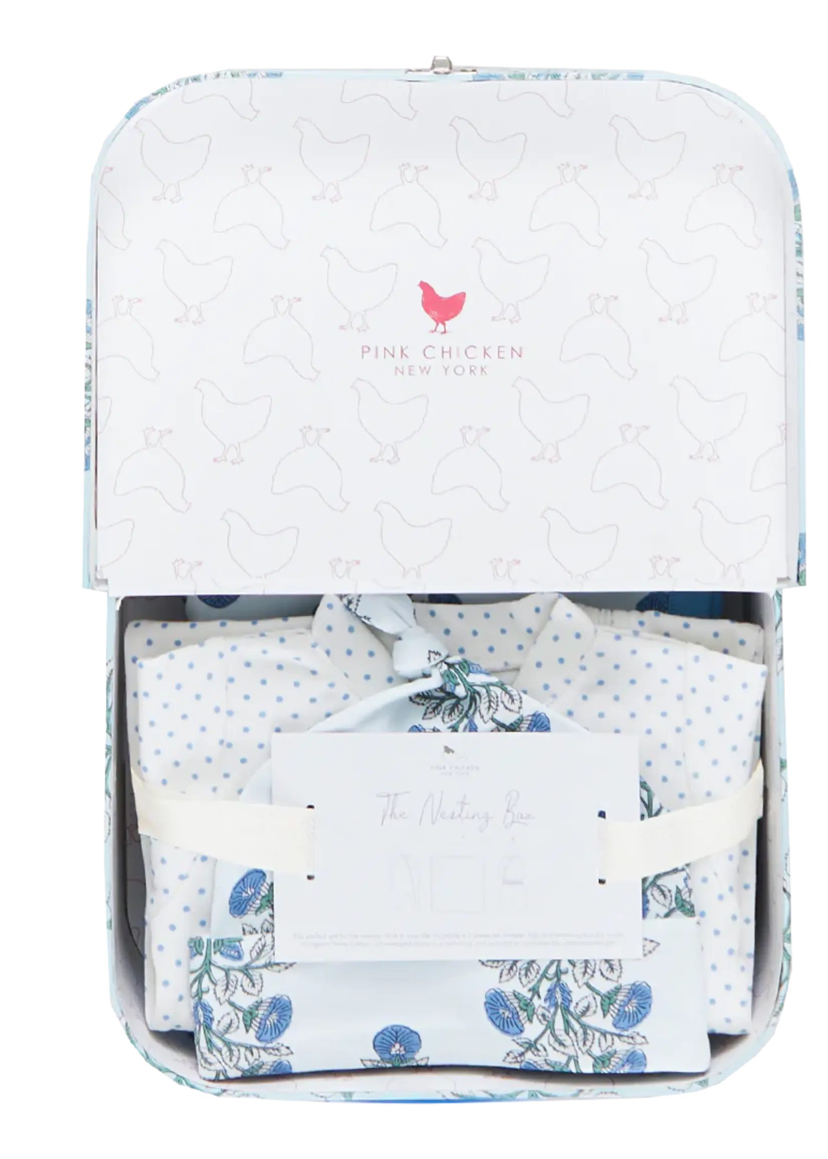 Pink Chicken nesting box take home set blue bouquet floral