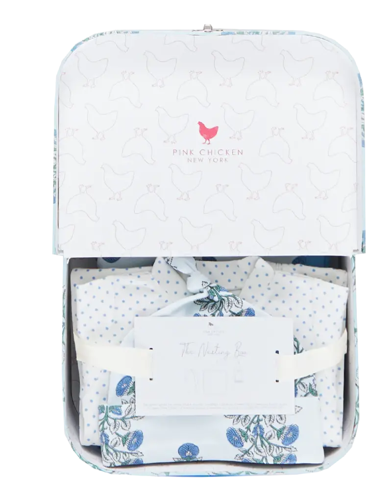 Pink Chicken nesting box take home set blue bouquet floral