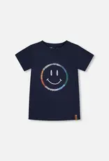 Deux par Deux Navy Organic Tee w/Happy Face