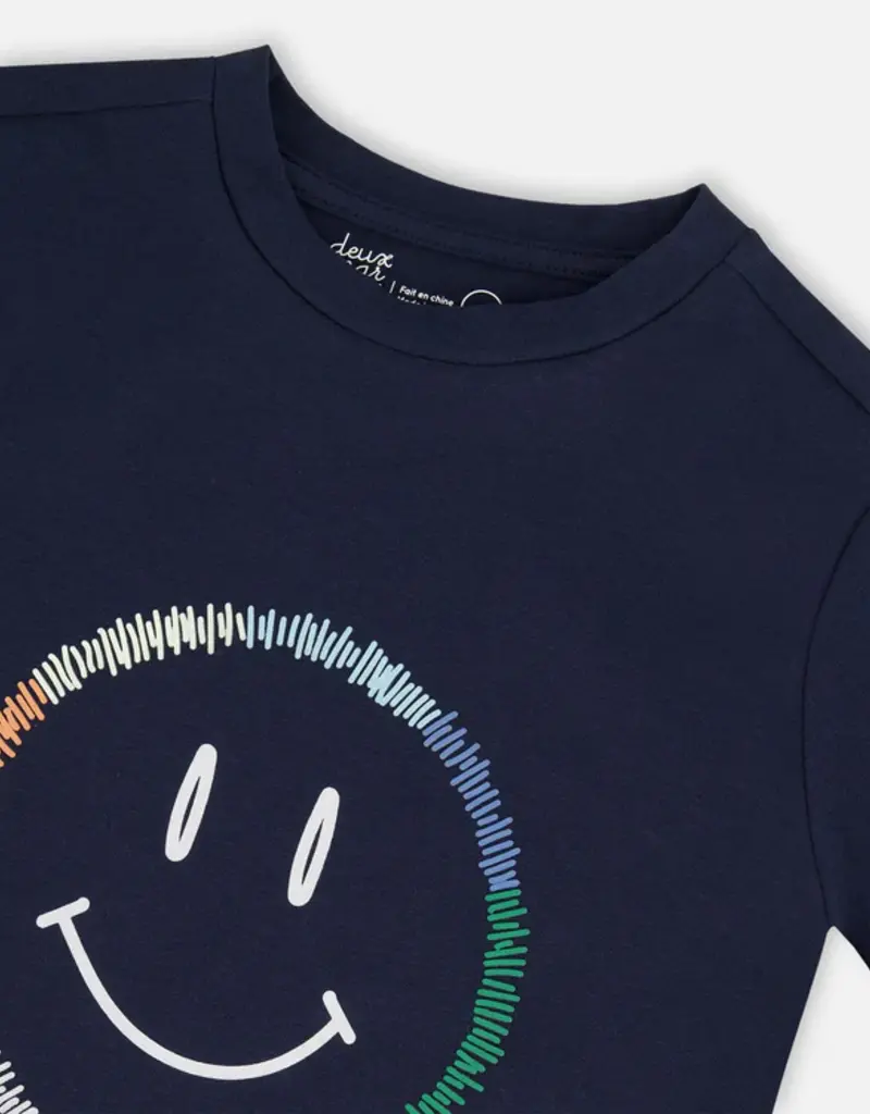Deux par Deux Navy Organic Tee w/Happy Face