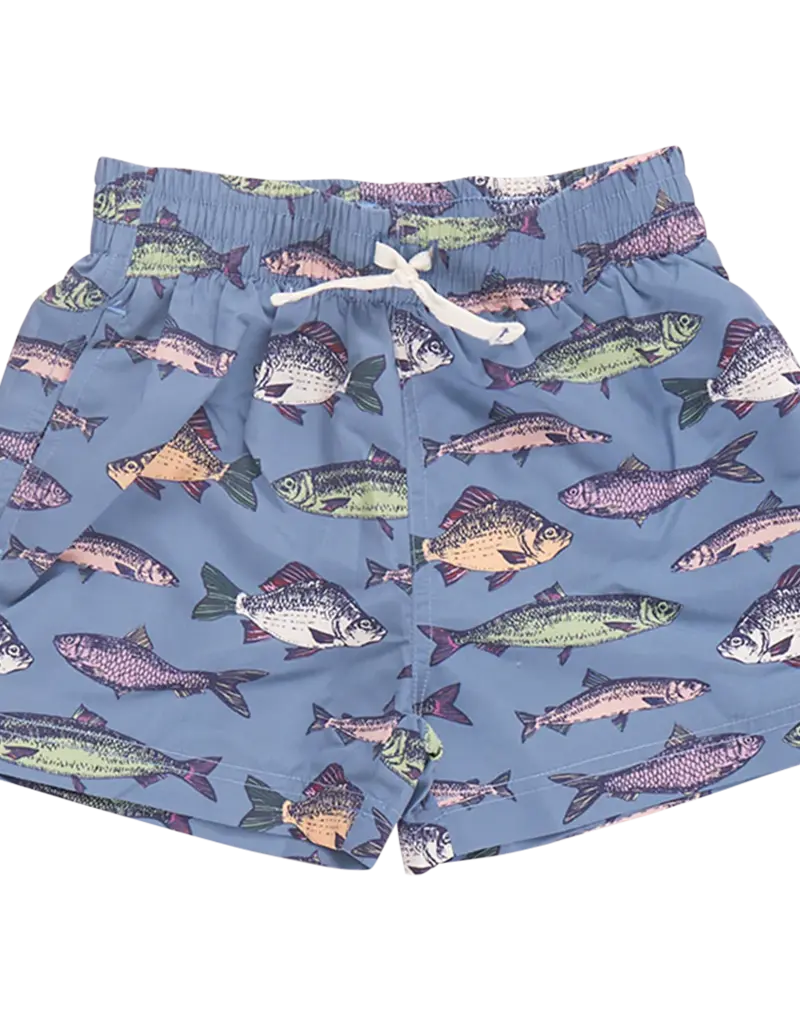Pink Chicken swim trunk bluestone multi fishies