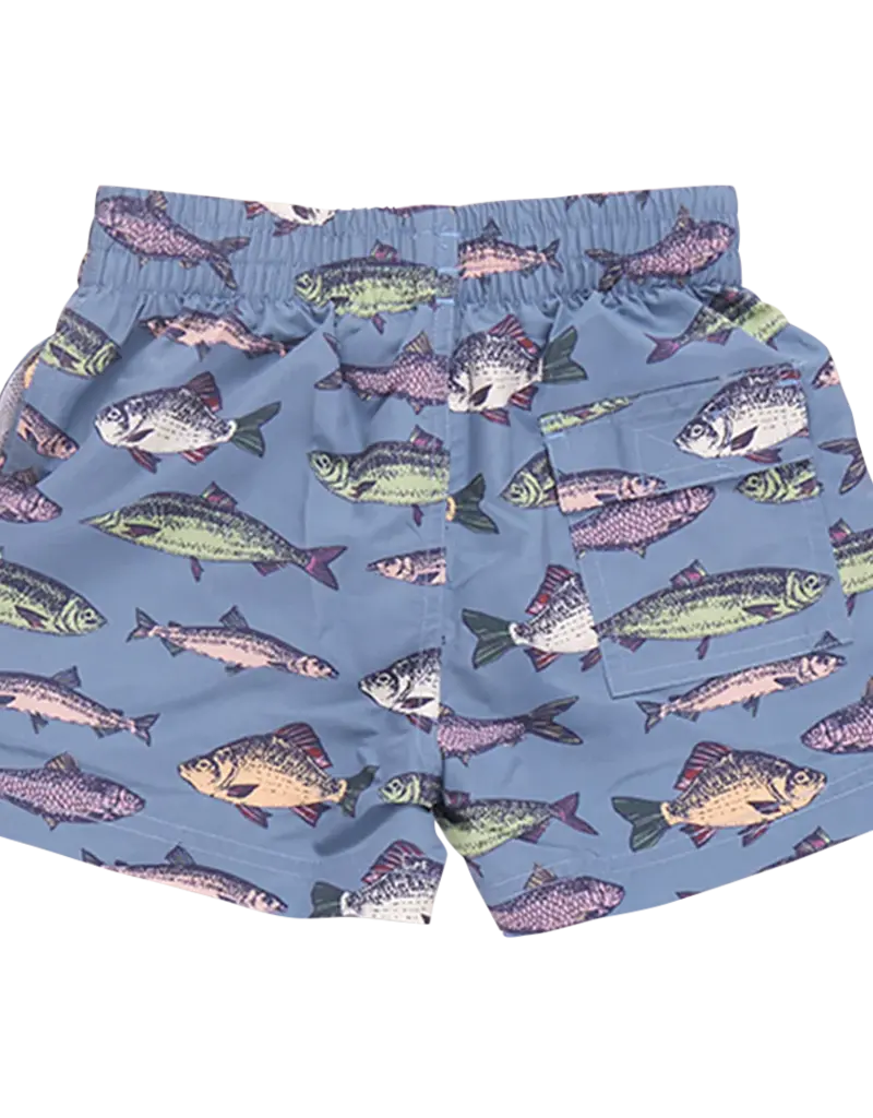 Pink Chicken swim trunk bluestone multi fishies
