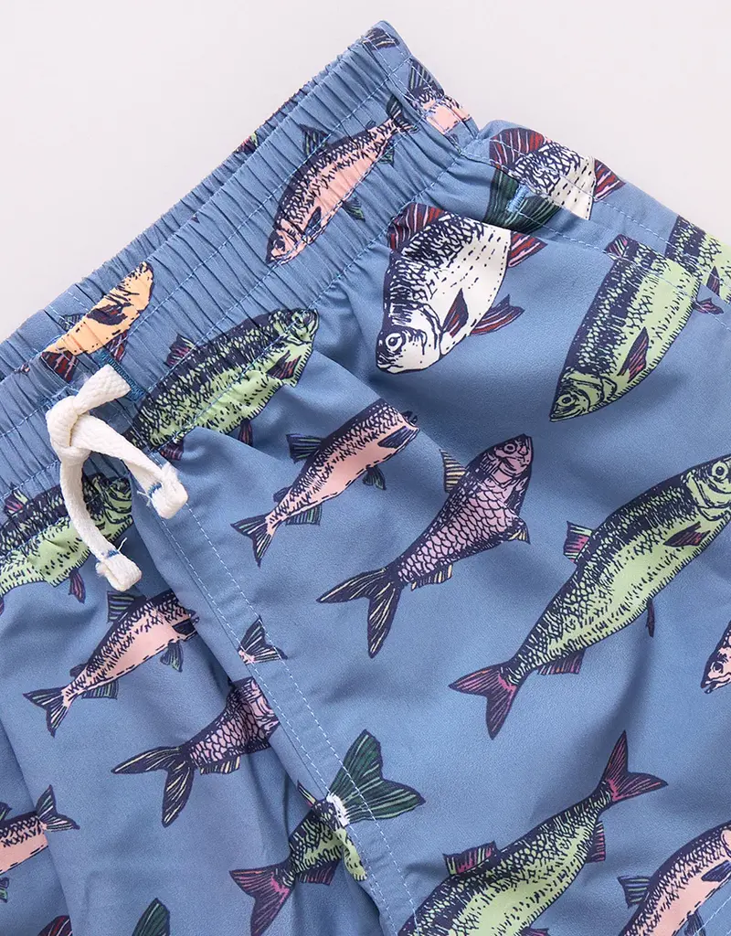 Pink Chicken swim trunk bluestone multi fishies