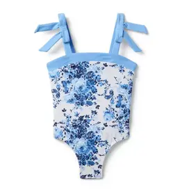 Janie and Jack Lt Blue Floral Bow Tie Bathingsuit