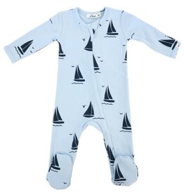 oh baby! Denim Sailboat Print Zipper Footie Sky Blue