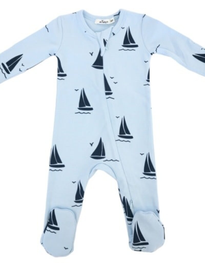 oh baby! Denim Sailboat Print Zipper Footie Sky Blue