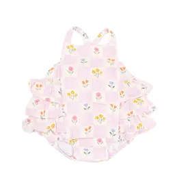 Angel Dear Floral Check Ruffle Sunsuit Pink