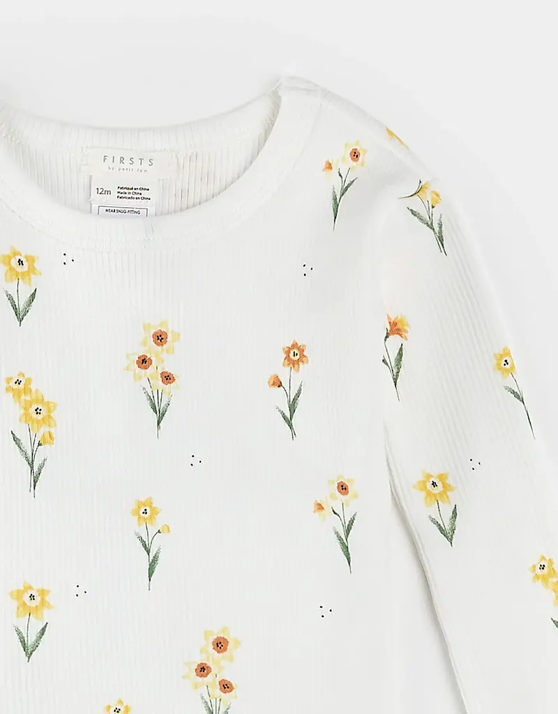 Petit Lem PJ L/S TOP PANT KNIT OFF WHITE FLOWER PRINT