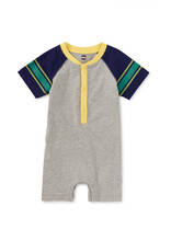 Tea Collection Athletic Henley Baby Romper Med Heather Grey