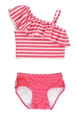 RuffleButts One Shoulder Ruffle Tankini Hot Pink Heart Polka Dot
