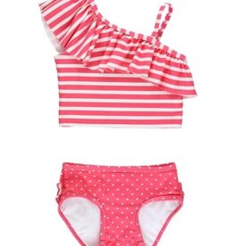 RuffleButts One Shoulder Ruffle Tankini Hot Pink Heart Polka Dot