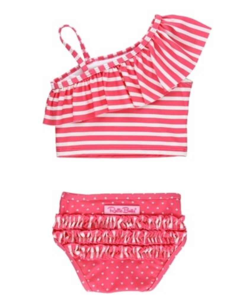 RuffleButts One Shoulder Ruffle Tankini Hot Pink Heart Polka Dot