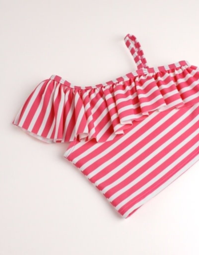 RuffleButts One Shoulder Ruffle Tankini Hot Pink Heart Polka Dot