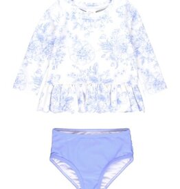 RuffleButts Scalloped L/s Rash Guard 2pc Periwinkle Blue Butterfly Garden Toile