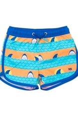 RuffleButts Dolphin Hem Swim Trunks Neon Sharks Stripes