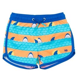 RuffleButts Dolphin Hem Swim Trunks Neon Sharks Stripes