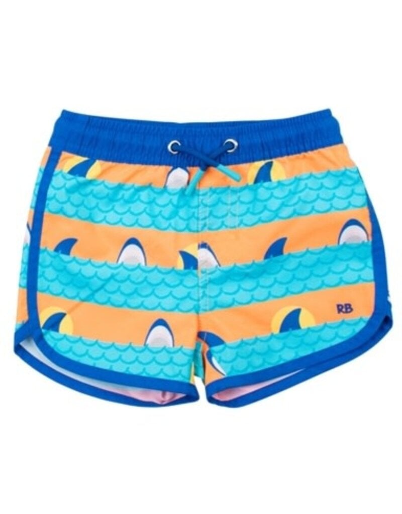 RuffleButts Dolphin Hem Swim Trunks Neon Sharks Stripes