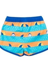 RuffleButts Dolphin Hem Swim Trunks Neon Sharks Stripes