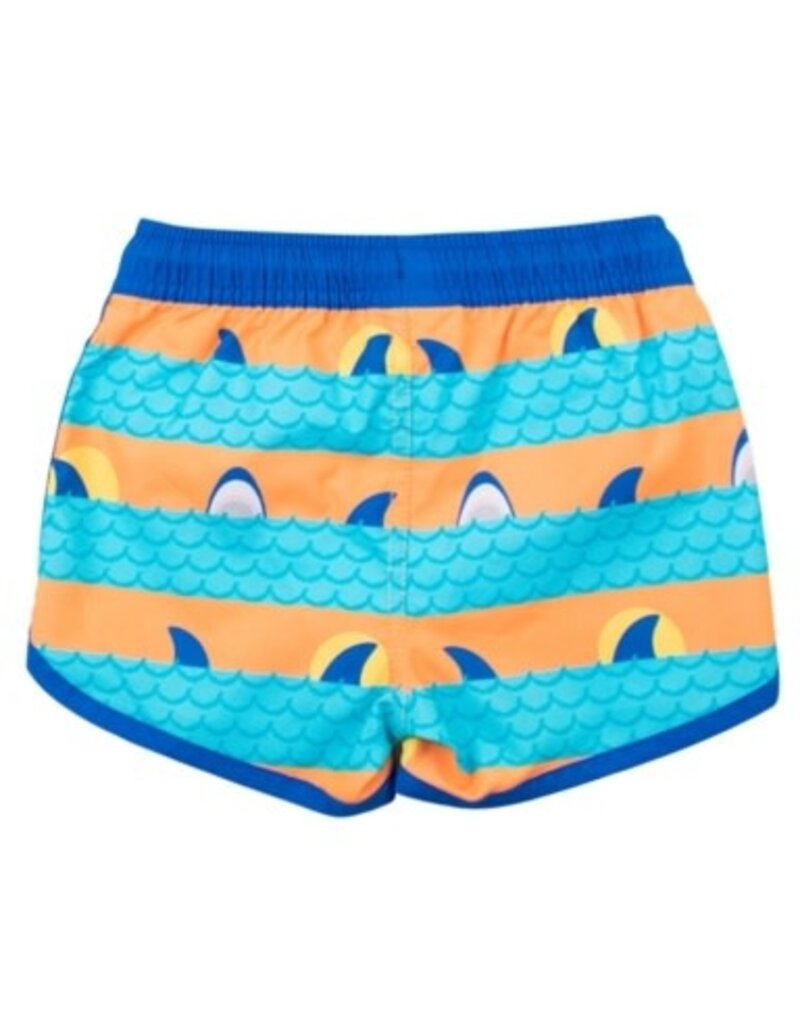 RuffleButts Dolphin Hem Swim Trunks Neon Sharks Stripes