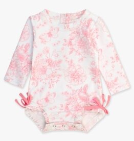 RuffleButts L/S 1Pc Rash Guard Bubblegum Pink Butterfly Garden Toile