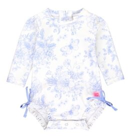 RuffleButts L/S 1Pc Rash Guard Periwinkle Blue Butterfly Garden Toile