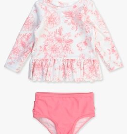 RuffleButts Scalloped L/S Rash Guard 2pc Bubblegum Pink Butterfly Garden Toile
