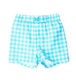 RuffleButts Swim Trunks Bright Aqua Gingham