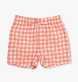 RuffleButts Swim Trunks Coral Gingham