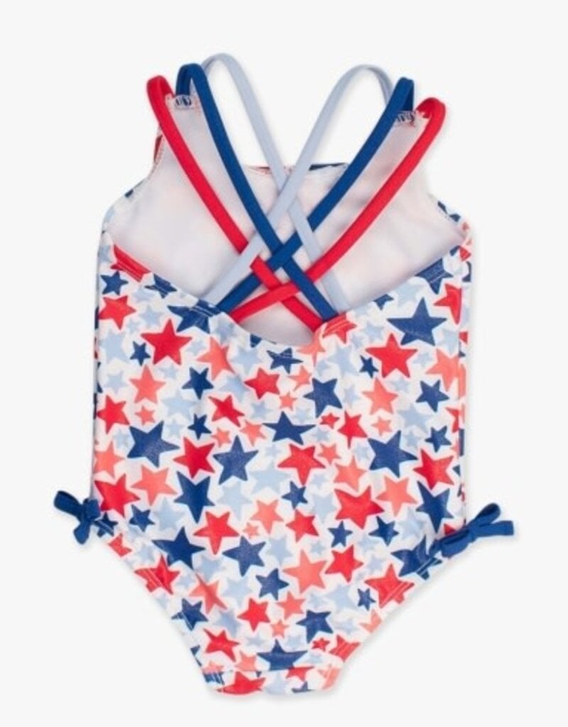 RuffleButts Cross Back One Piece Shimmer Star Spangled