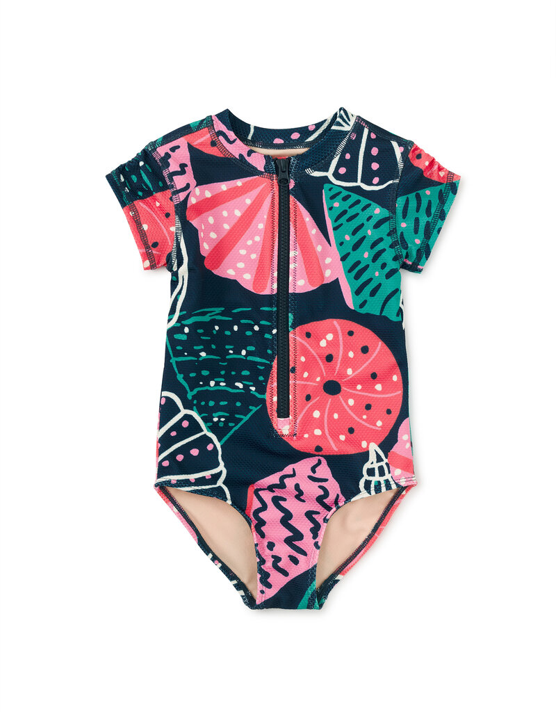 Tea Collection Rash Guard One-Piece Swimsuit Scattered Shells