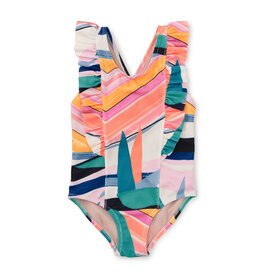 Tea Collection Ruffle One-Piece Swimsuit Bird of Paradise Stripe