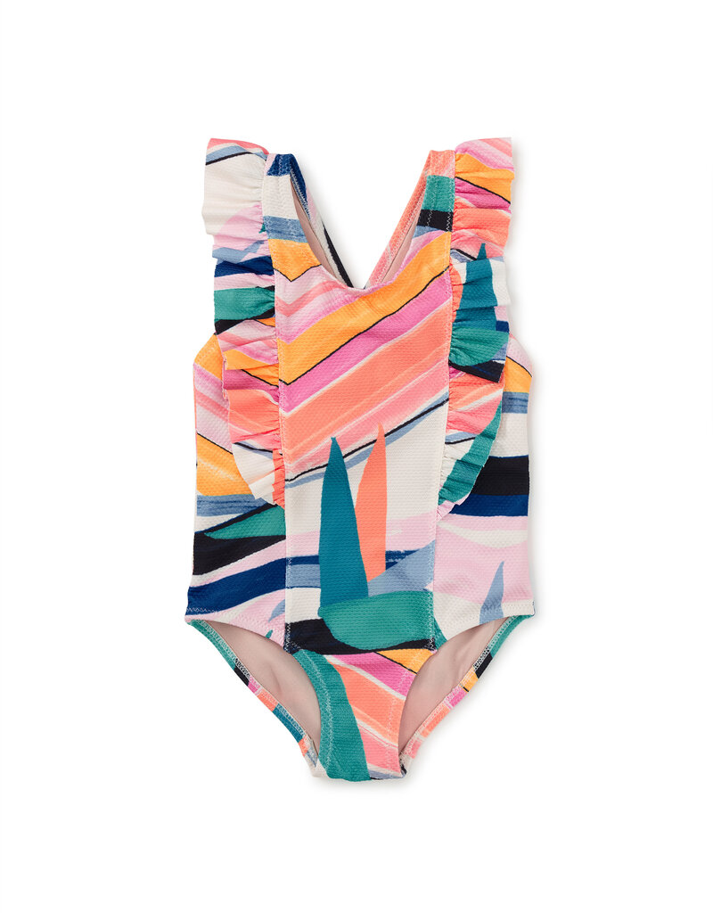 Tea Collection Ruffle One-Piece Swimsuit Bird of Paradise Stripe