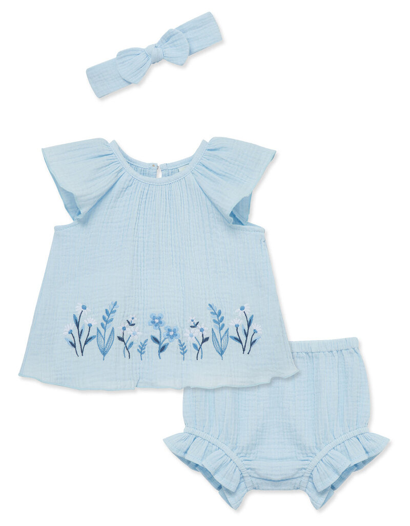 Little Me Blue Border Sunsuit w/Headband