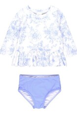 RuffleButts Scalloped L/s Rash Guard 2pc Periwinkle Blue Butterfly Garden Toile