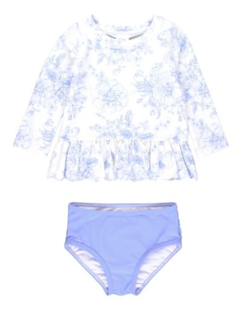 RuffleButts Scalloped L/s Rash Guard 2pc Periwinkle Blue Butterfly Garden Toile