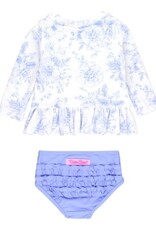 RuffleButts Scalloped L/s Rash Guard 2pc Periwinkle Blue Butterfly Garden Toile