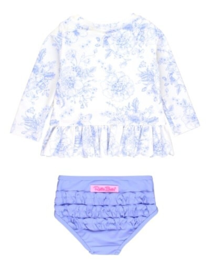 RuffleButts Scalloped L/s Rash Guard 2pc Periwinkle Blue Butterfly Garden Toile